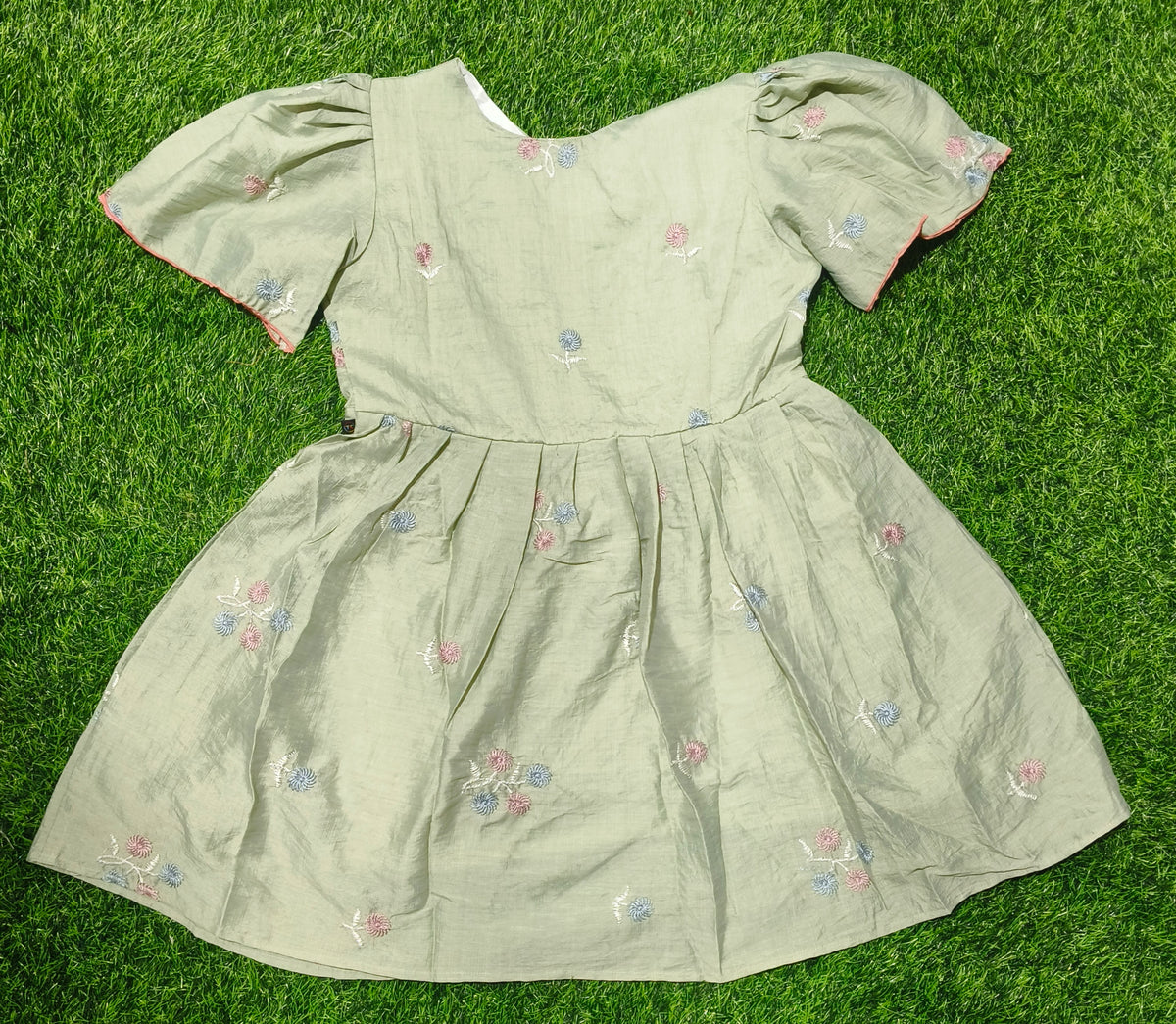 Girls Light Pista Green V-Neck Embroidered Bell Sleeve Frock