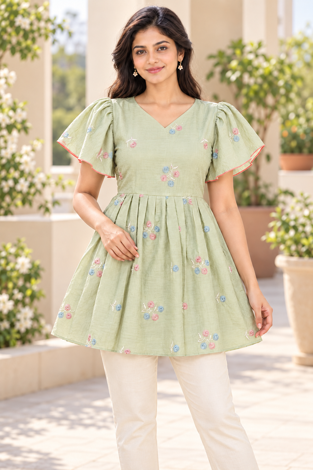 Girls Light Pista Green V-Neck Embroidered Bell Sleeve Frock