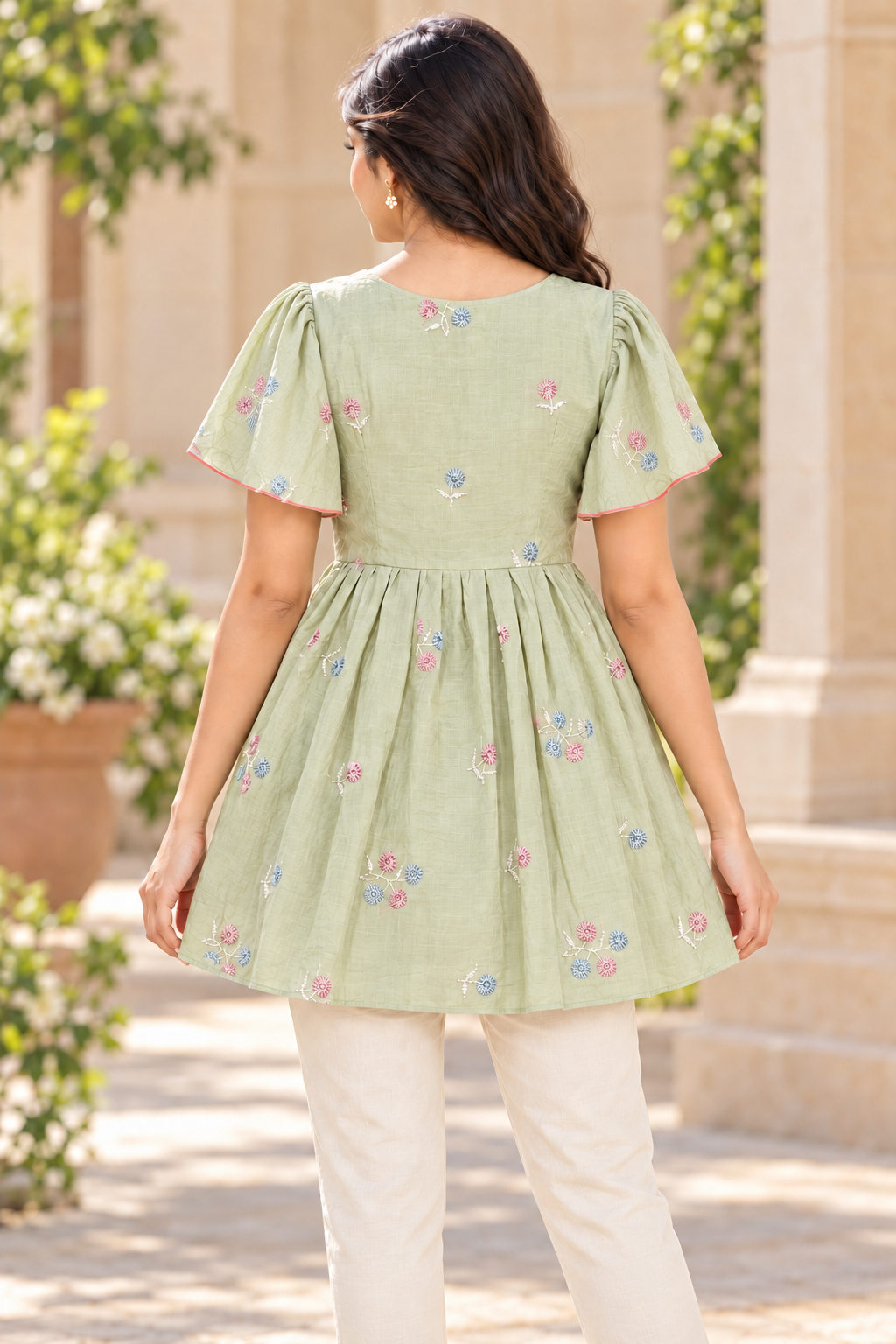 Girls Light Pista Green V-Neck Embroidered Bell Sleeve Frock