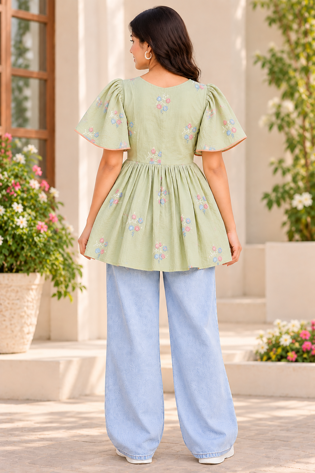 Girls Light Pista Green V-Neck Embroidered Bell Sleeve Frock