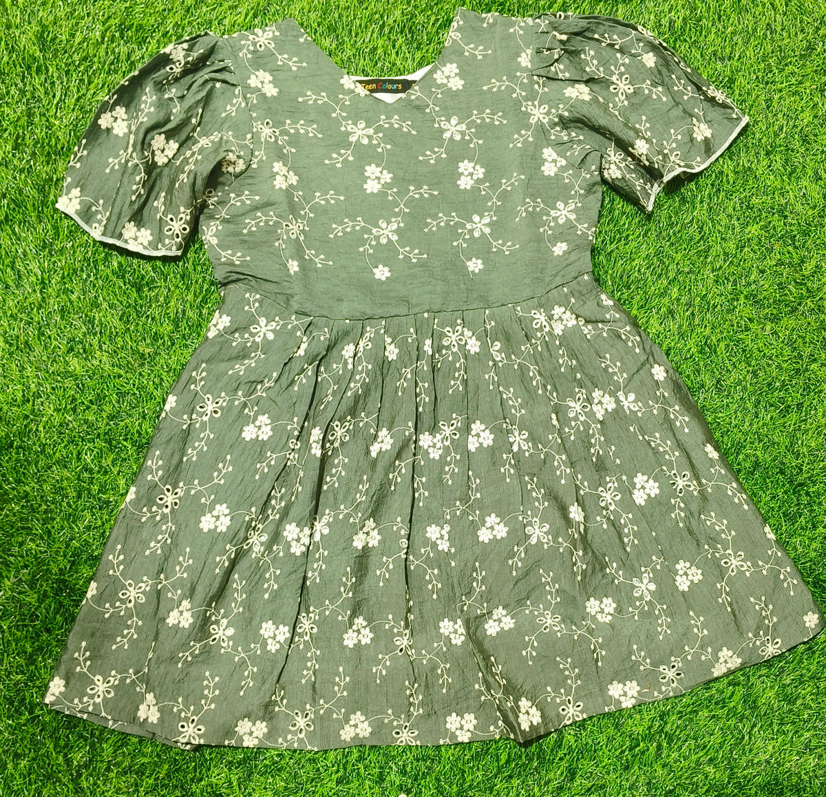 Girls Olive Green V-Neck Floral Bell Sleeve Frock
