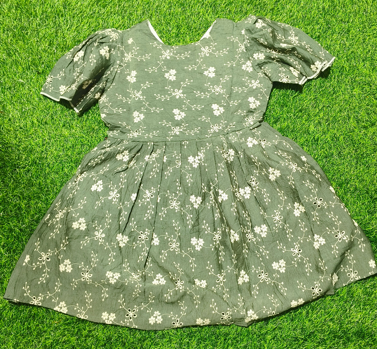 Girls Olive Green V-Neck Floral Bell Sleeve Frock