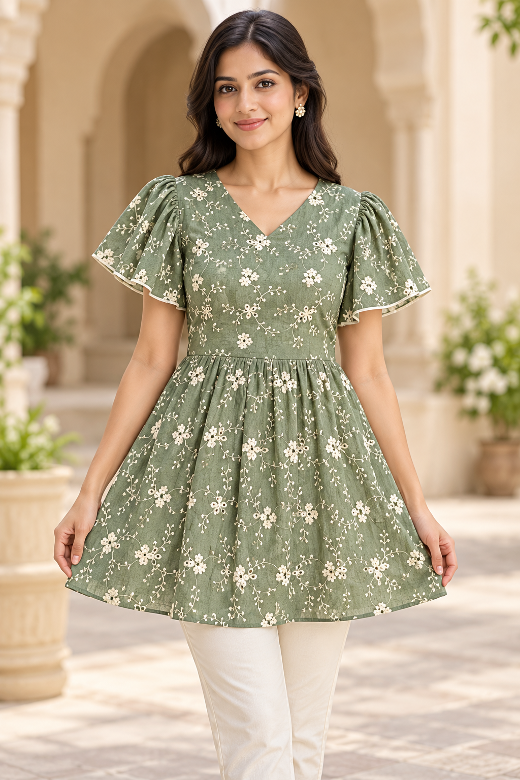 Girls Olive Green V-Neck Floral Bell Sleeve Frock
