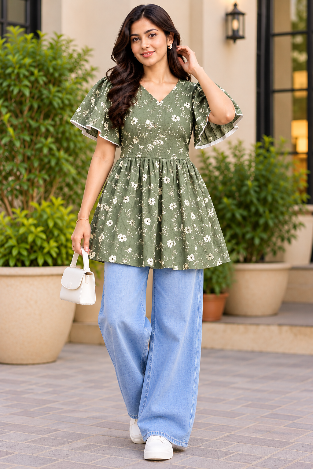 Girls Olive Green V-Neck Floral Bell Sleeve Frock