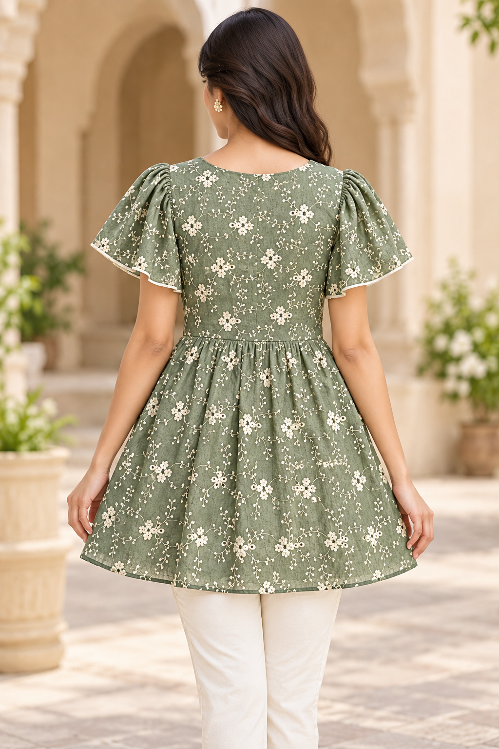 Girls Olive Green V-Neck Floral Bell Sleeve Frock