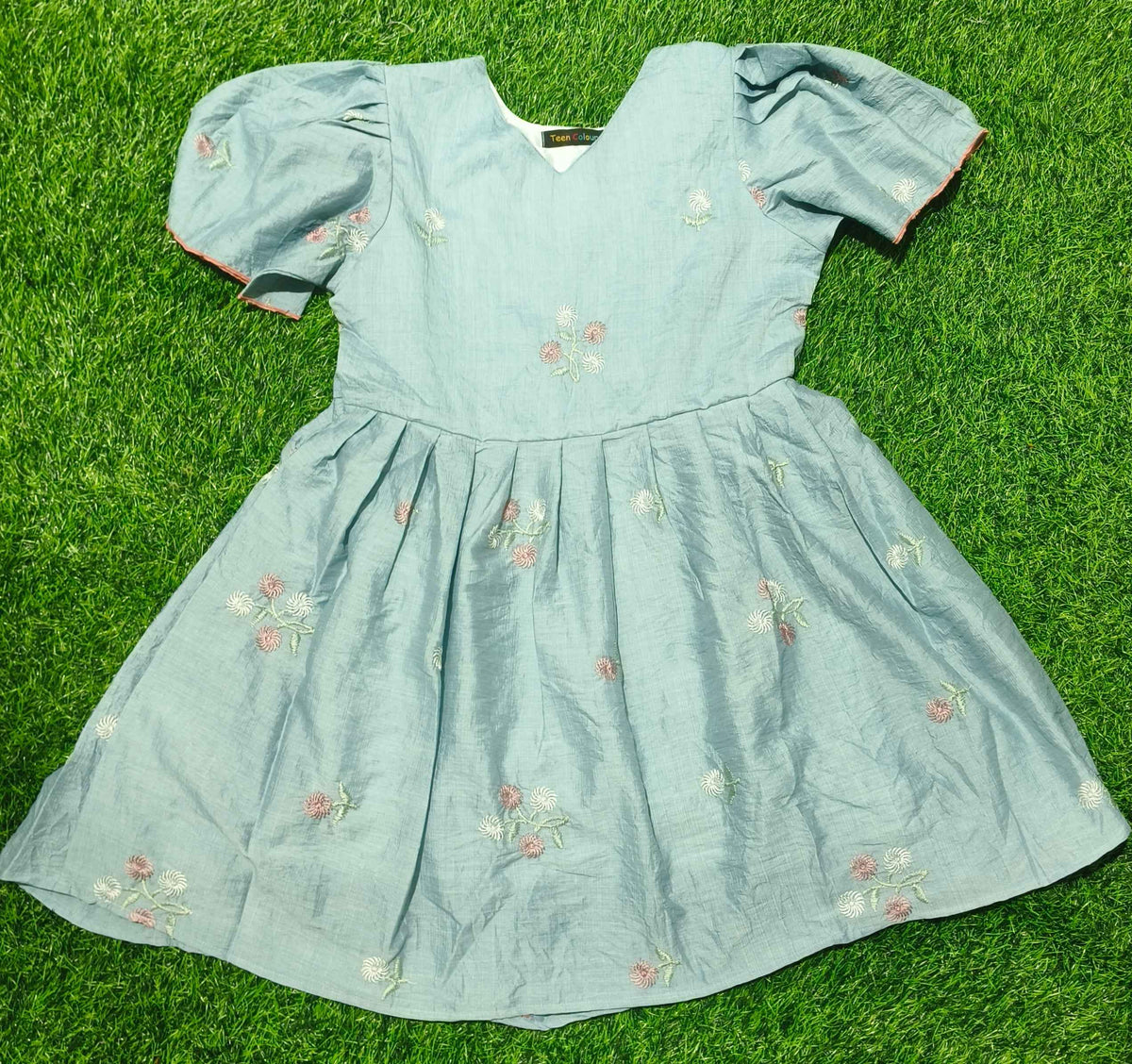 Girls Light Sky Blue V-Neck Embroidered Bell Sleeve Frock