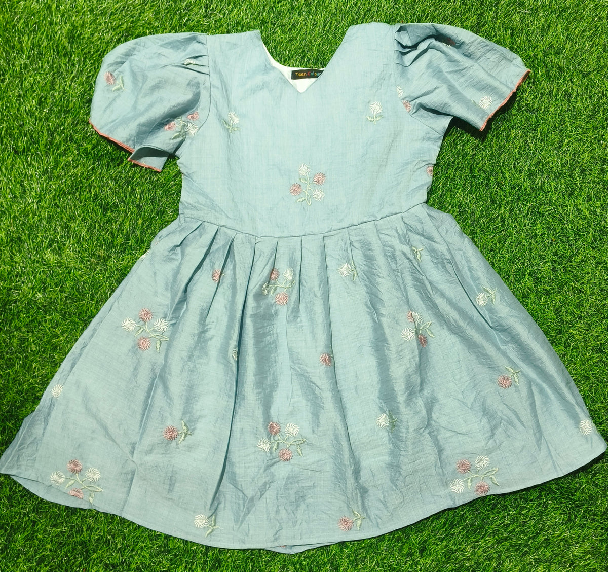 Girls Light Sky Blue V-Neck Embroidered Bell Sleeve Frock