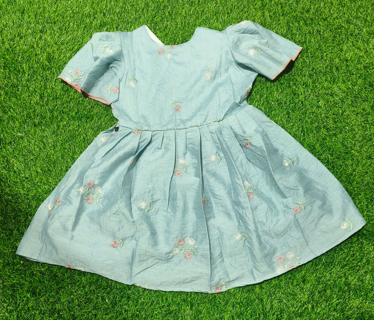 Girls Light Sky Blue V-Neck Embroidered Bell Sleeve Frock