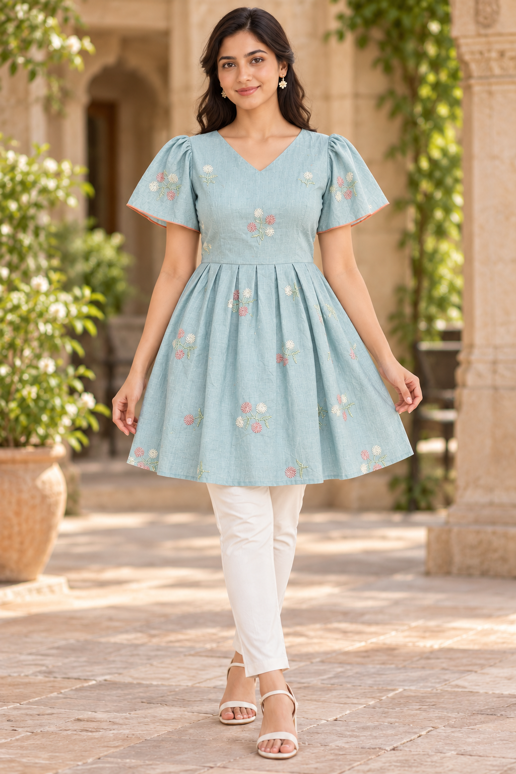 Girls Light Sky Blue V-Neck Embroidered Bell Sleeve Frock