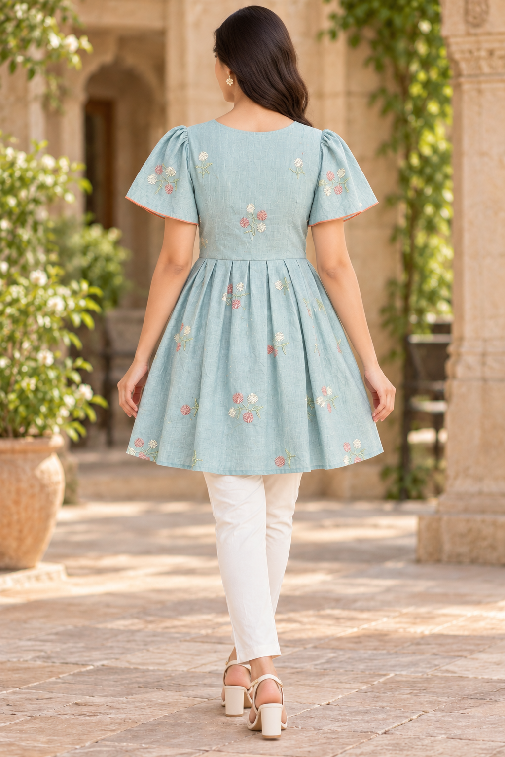 Girls Light Sky Blue V-Neck Embroidered Bell Sleeve Frock