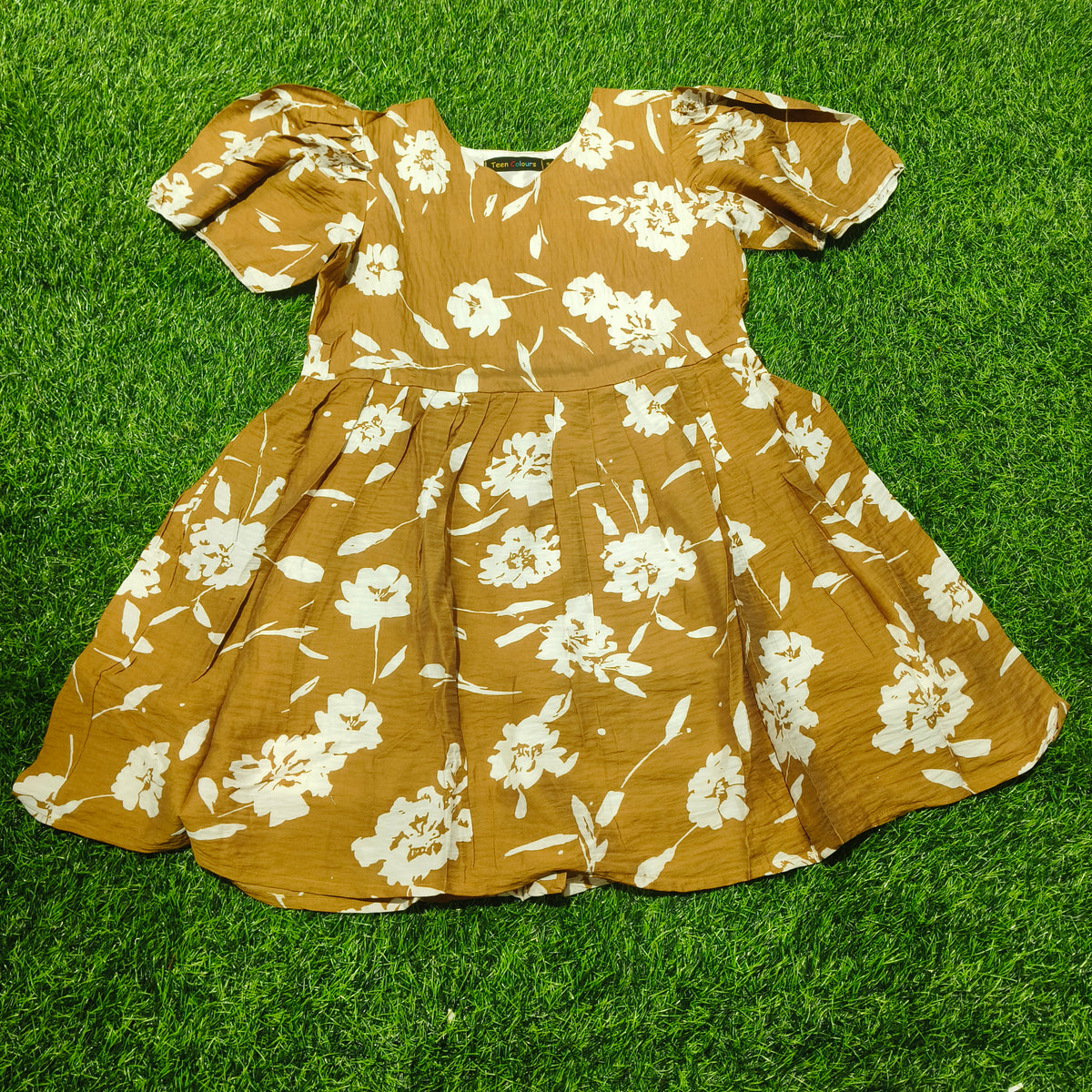 Girls Camel Brown V-Neck Floral Bell Sleeve Frock