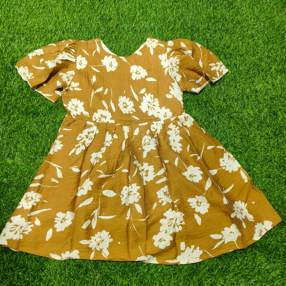 Girls Camel Brown V-Neck Floral Bell Sleeve Frock