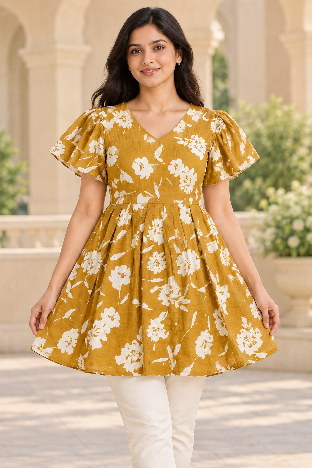 Girls Camel Brown V-Neck Floral Bell Sleeve Frock