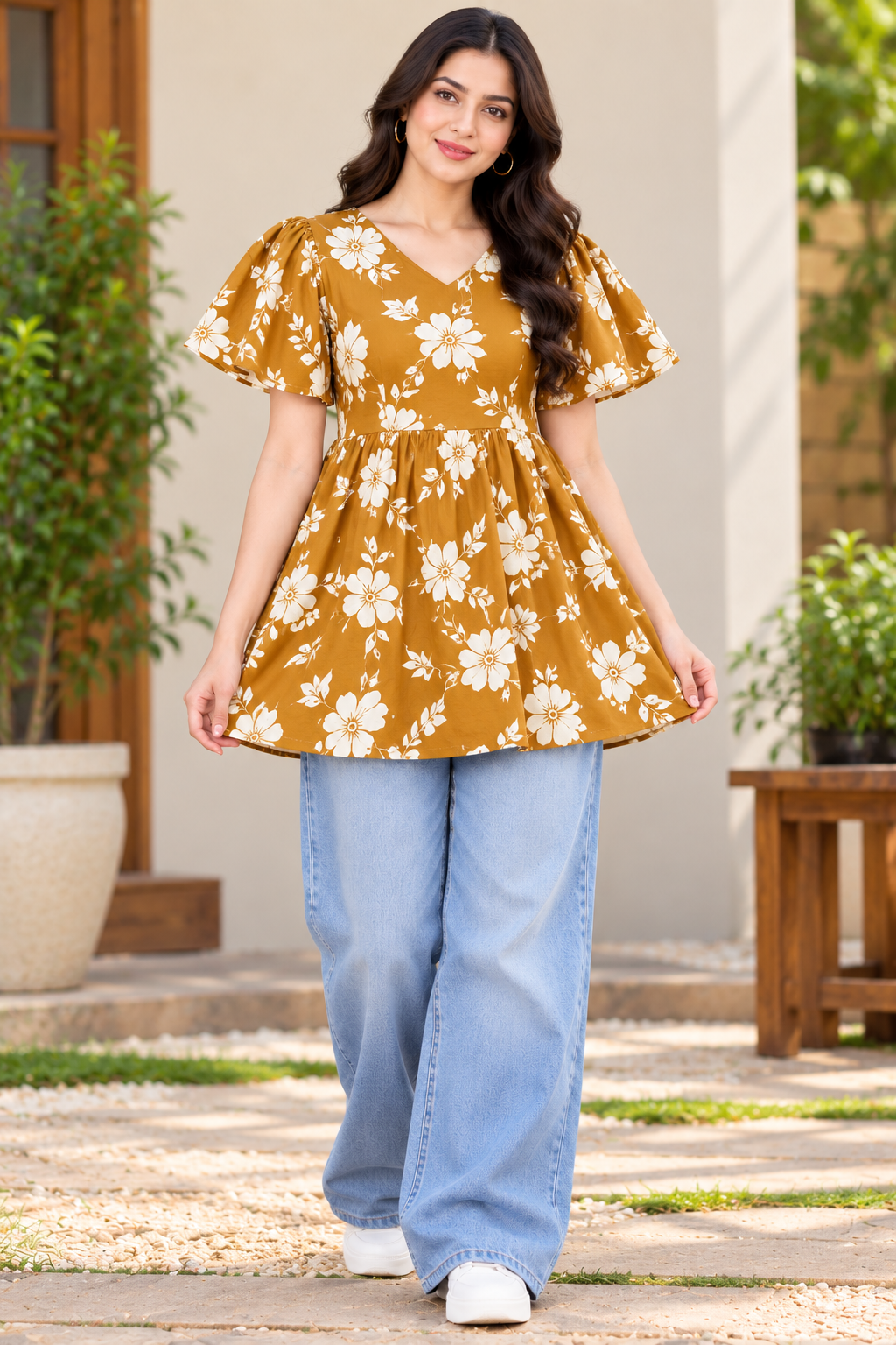 Girls Camel Brown V-Neck Floral Bell Sleeve Frock