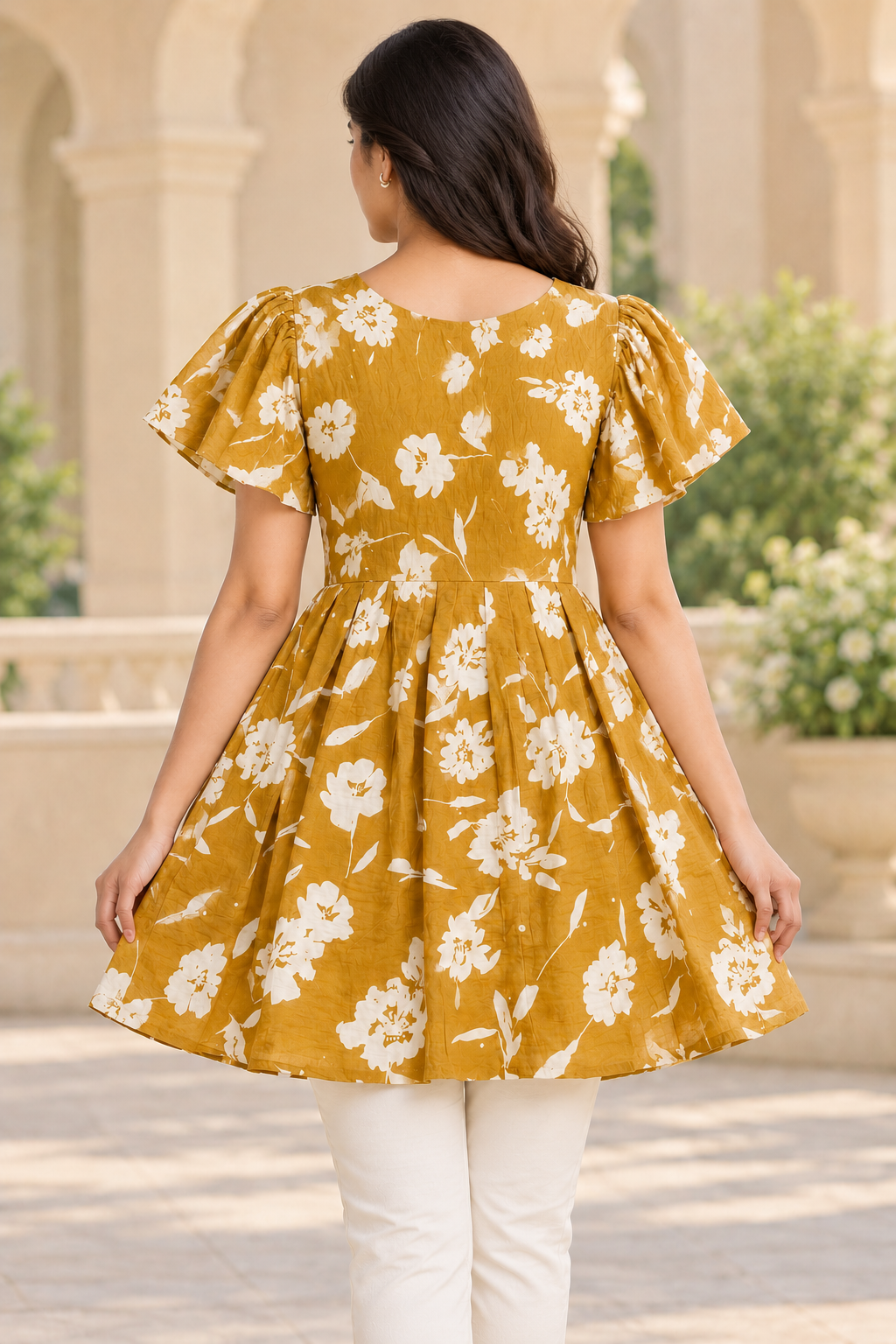 Girls Camel Brown V-Neck Floral Bell Sleeve Frock