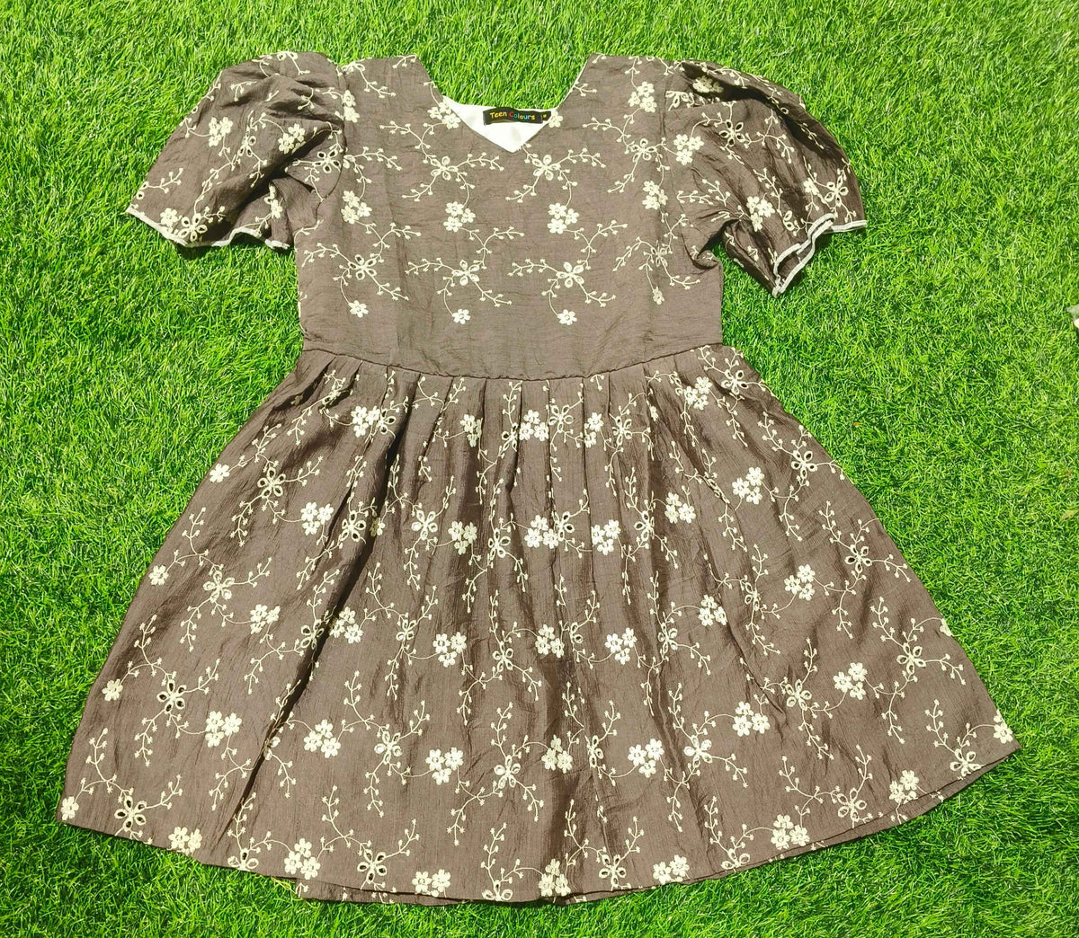 Girls Brown V-Neck Floral Bell Sleeve Frock