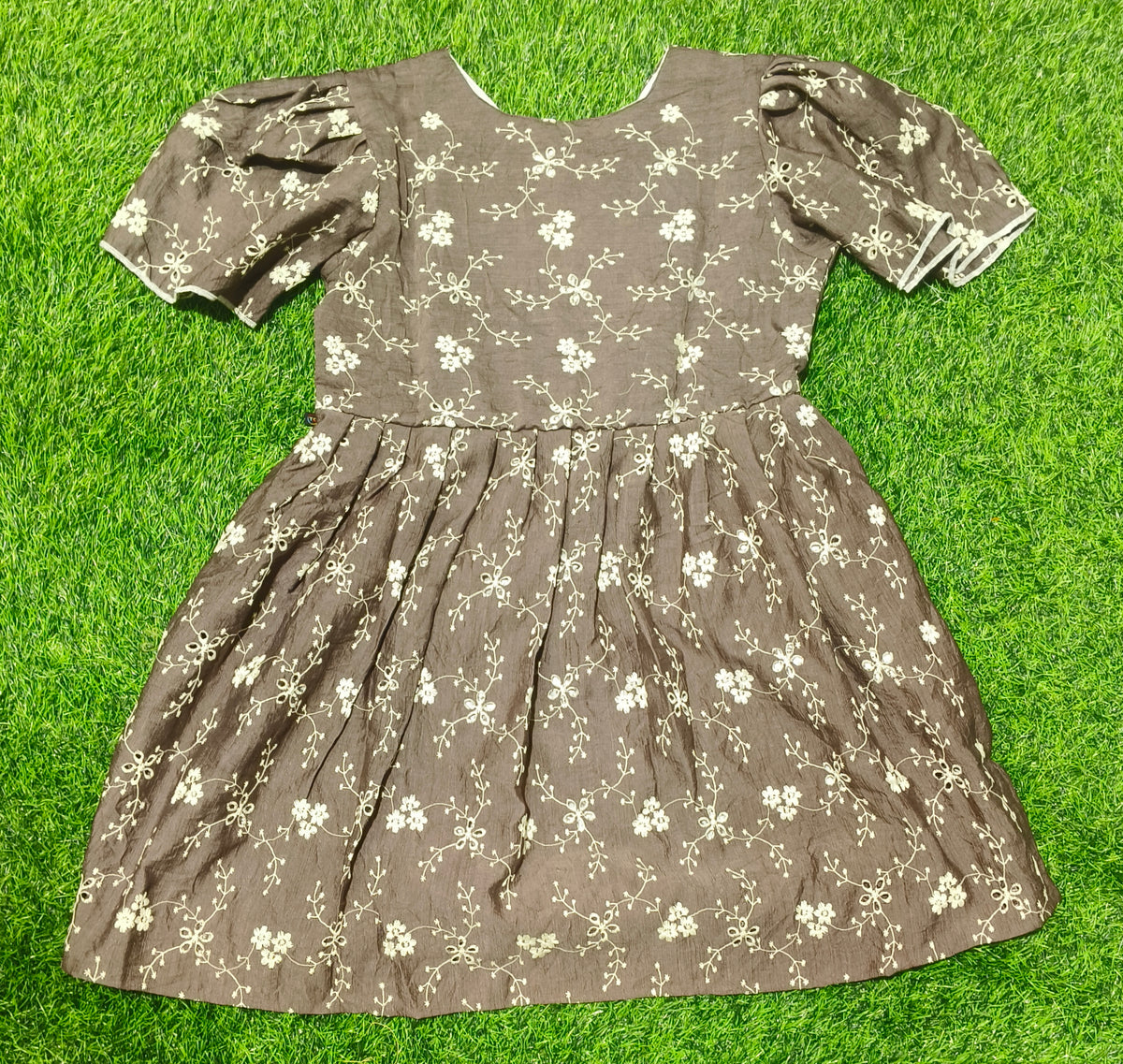 Girls Brown V-Neck Floral Bell Sleeve Frock