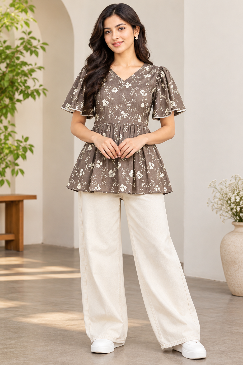 Girls Brown V-Neck Floral Bell Sleeve Frock