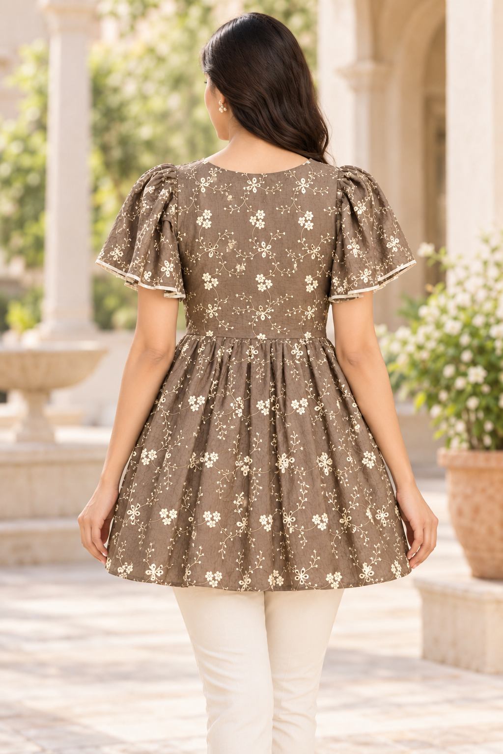 Girls Brown V-Neck Floral Bell Sleeve Frock