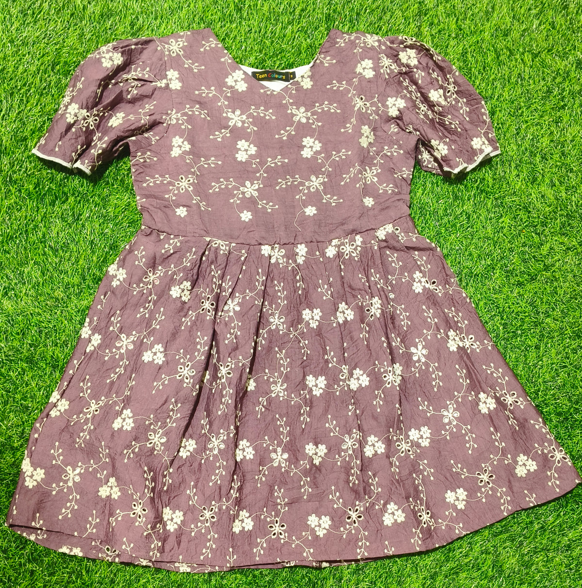 Girls Dusty Mauve V-Neck Floral Bell Sleeve Frock