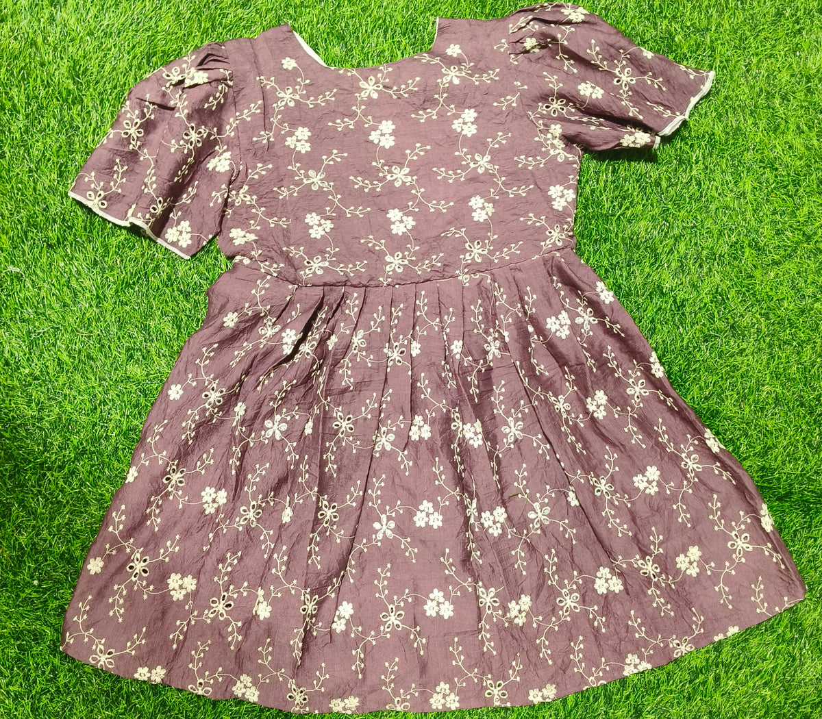 Girls Dusty Mauve V-Neck Floral Bell Sleeve Frock