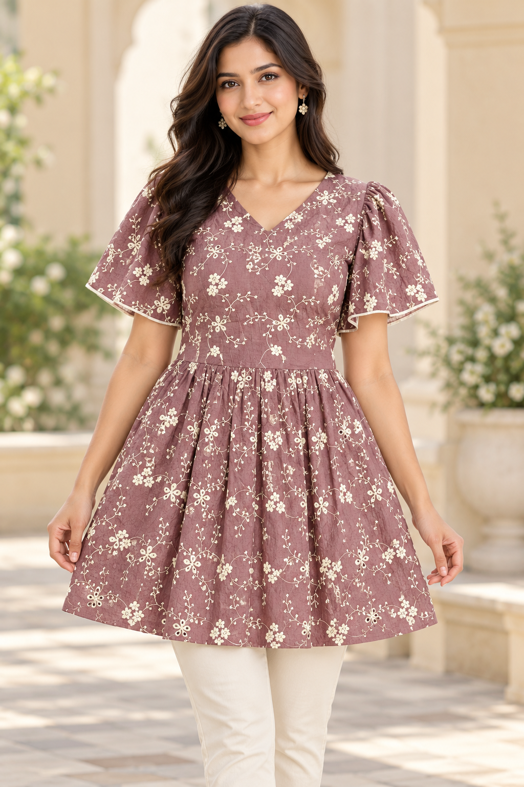 Girls Dusty Mauve V-Neck Floral Bell Sleeve Frock