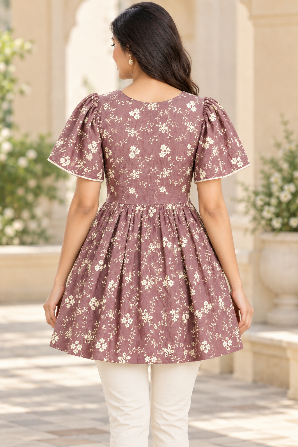 Girls Dusty Mauve V-Neck Floral Bell Sleeve Frock