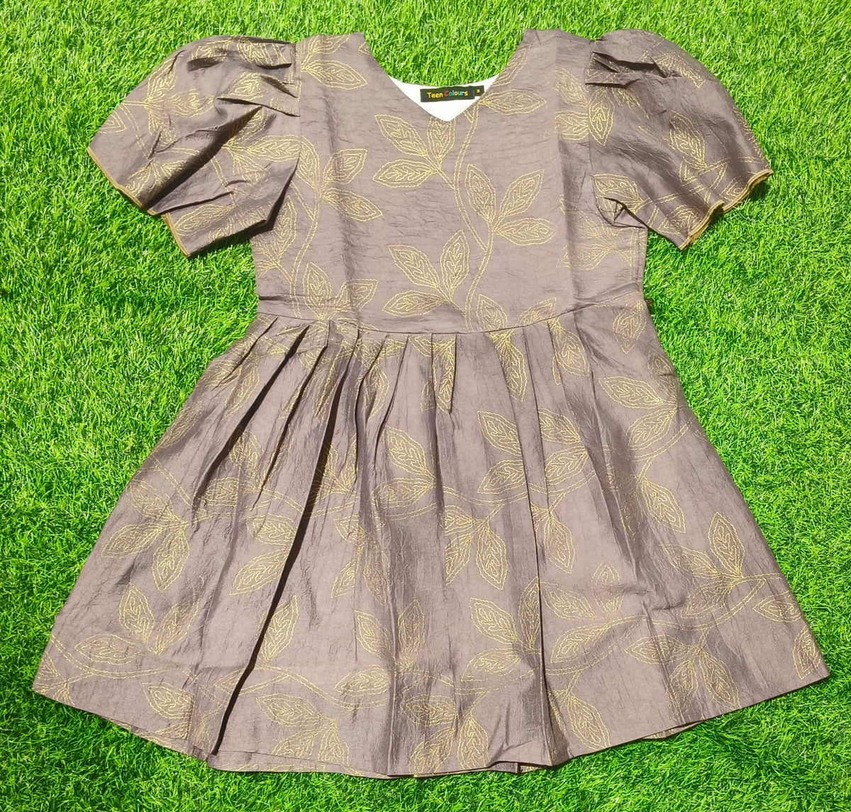 Girls Light Purple V-Neck Leaf Print Bell Sleeve Frock