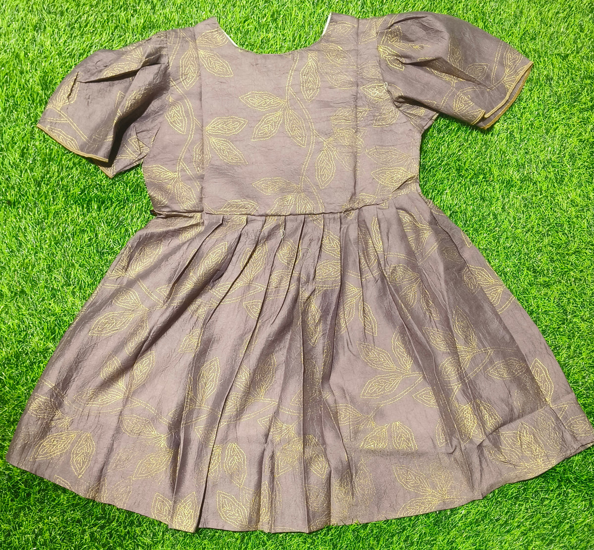 Girls Light Purple V-Neck Leaf Print Bell Sleeve Frock
