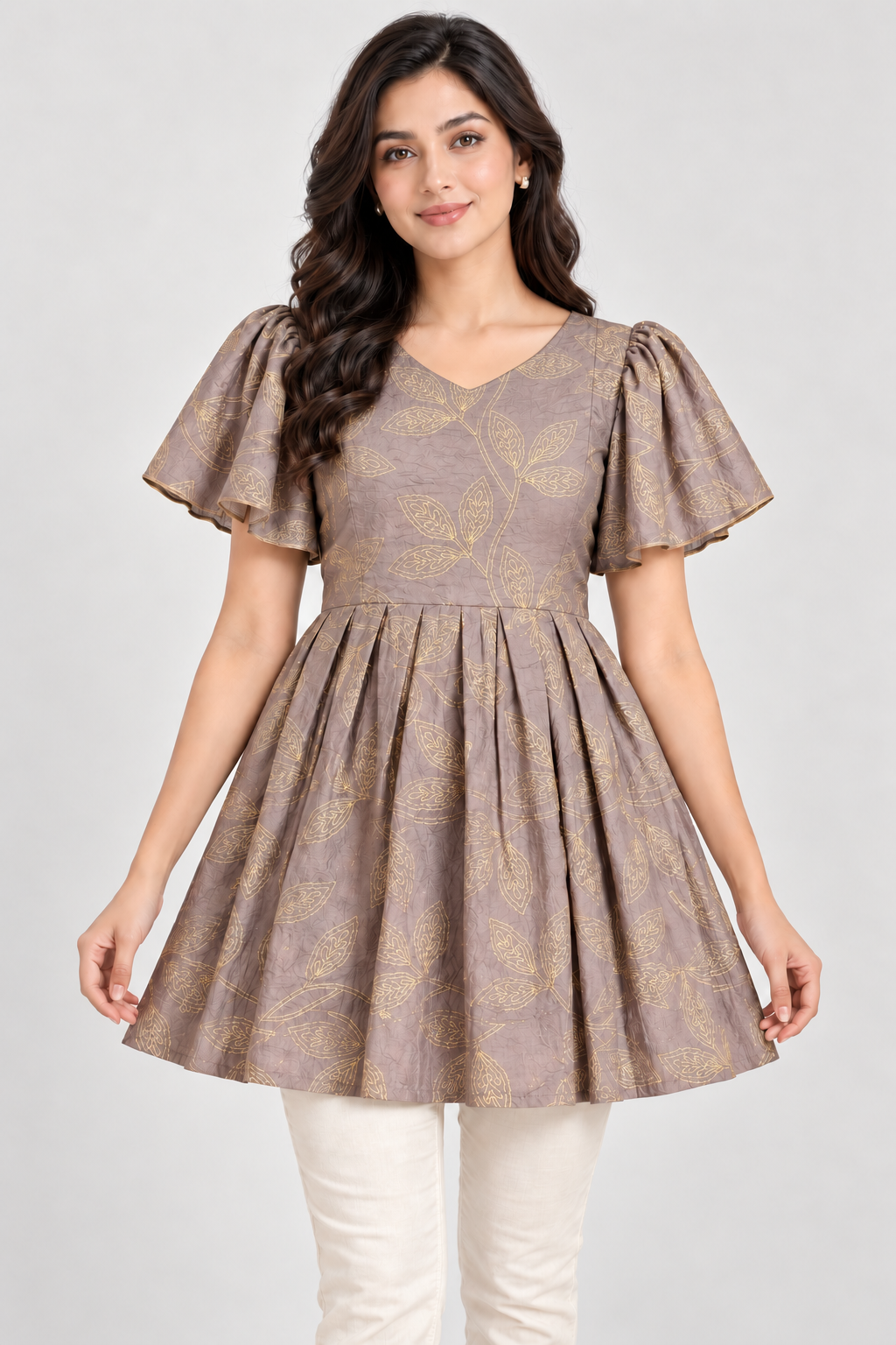 Girls Light Purple V-Neck Leaf Print Bell Sleeve Frock