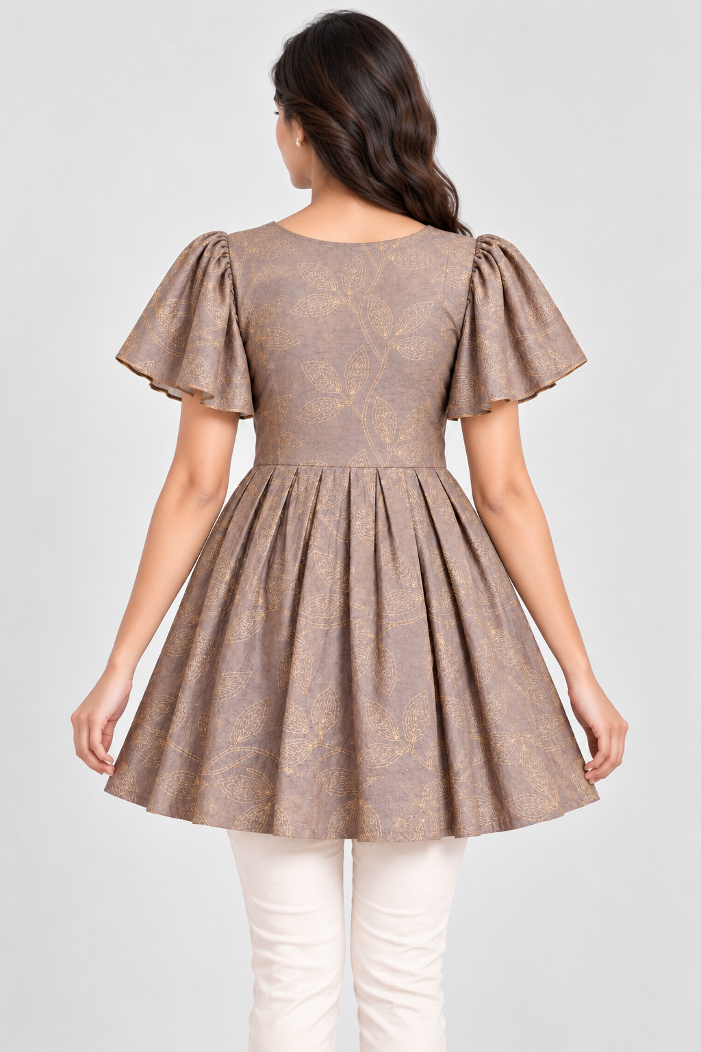 Girls Light Purple V-Neck Leaf Print Bell Sleeve Frock