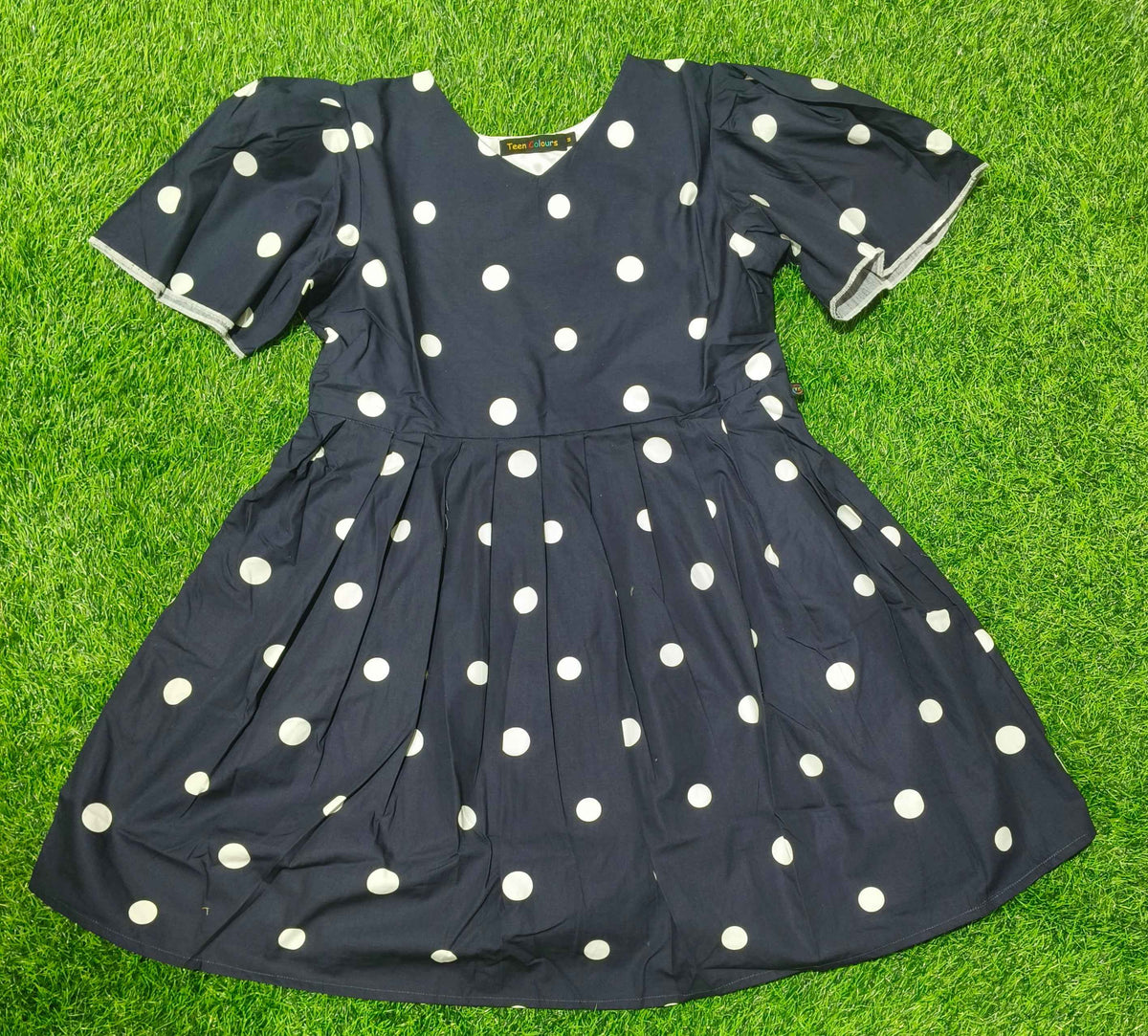 Girls Navy Blue Polka Dot V-Neck Bell Sleeve Frock