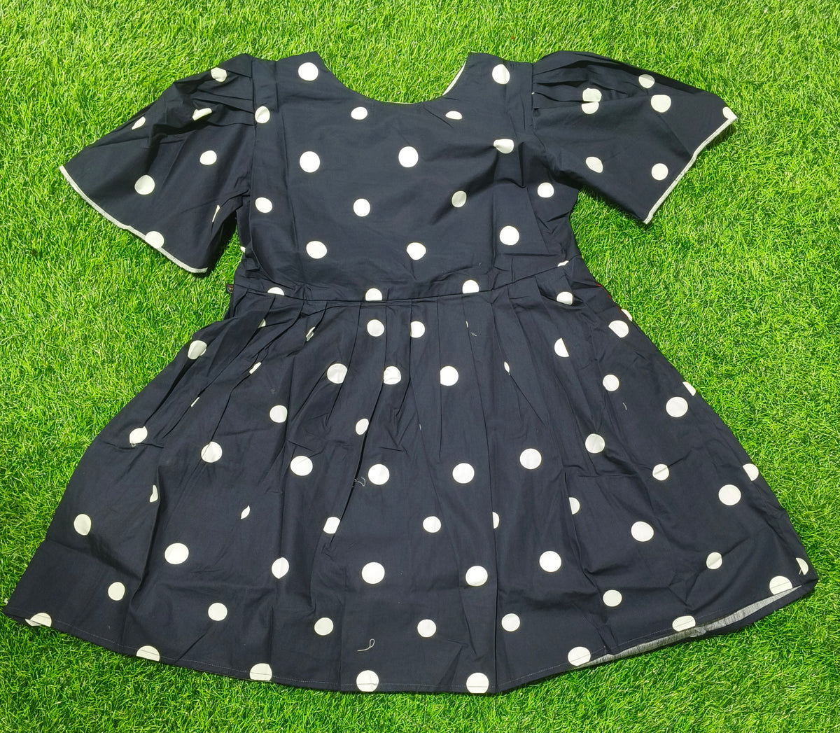 Girls Navy Blue Polka Dot V-Neck Bell Sleeve Frock