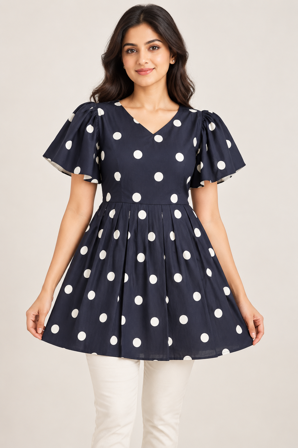Girls Navy Blue Polka Dot V-Neck Bell Sleeve Frock