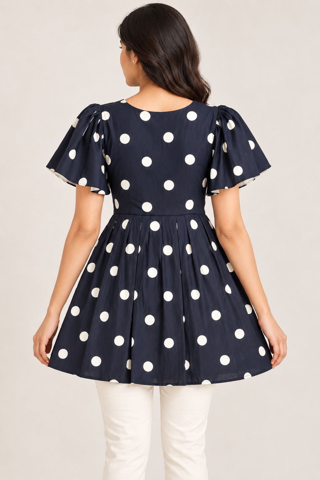 Girls Navy Blue Polka Dot V-Neck Bell Sleeve Frock