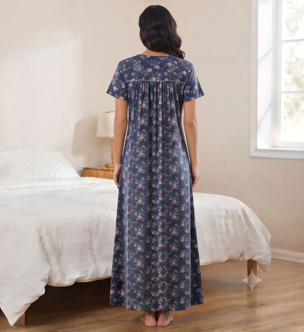 Women's Navy Blue Floral Print Maxi Nighty Rayon Fabric Front Open.