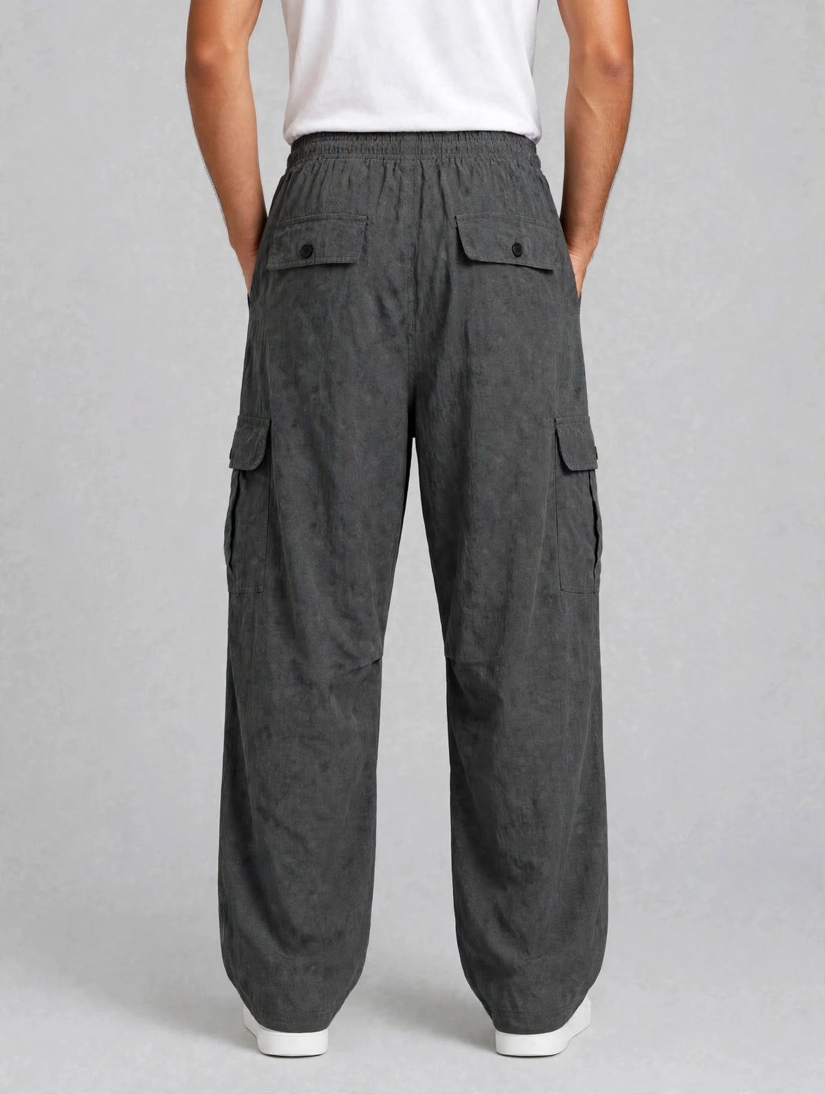 Men's Charcoal Grey Cargo Pant - 6 Pockets - Baggy Straight Fit - Elastic Waist with Drawstring - Casual Streetwear