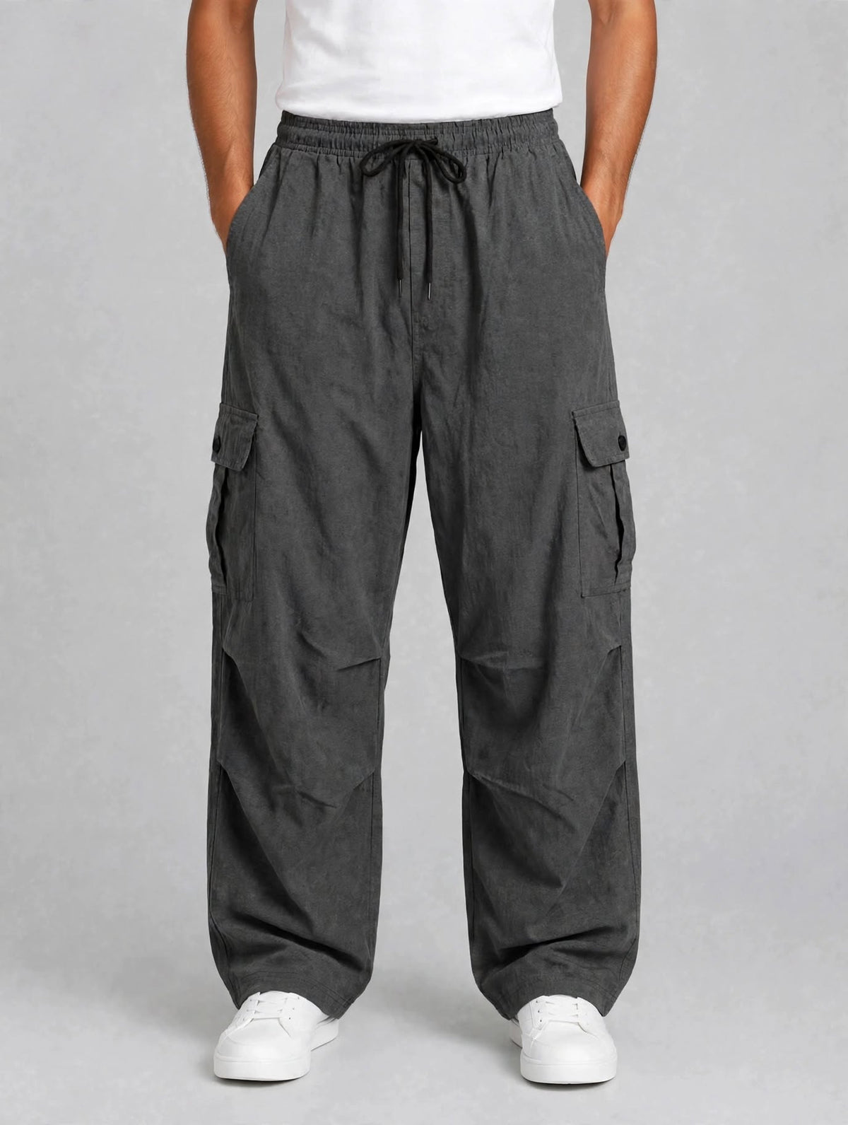 Men's Charcoal Grey Cargo Pant - 6 Pockets - Baggy Straight Fit - Elastic Waist with Drawstring - Casual Streetwear