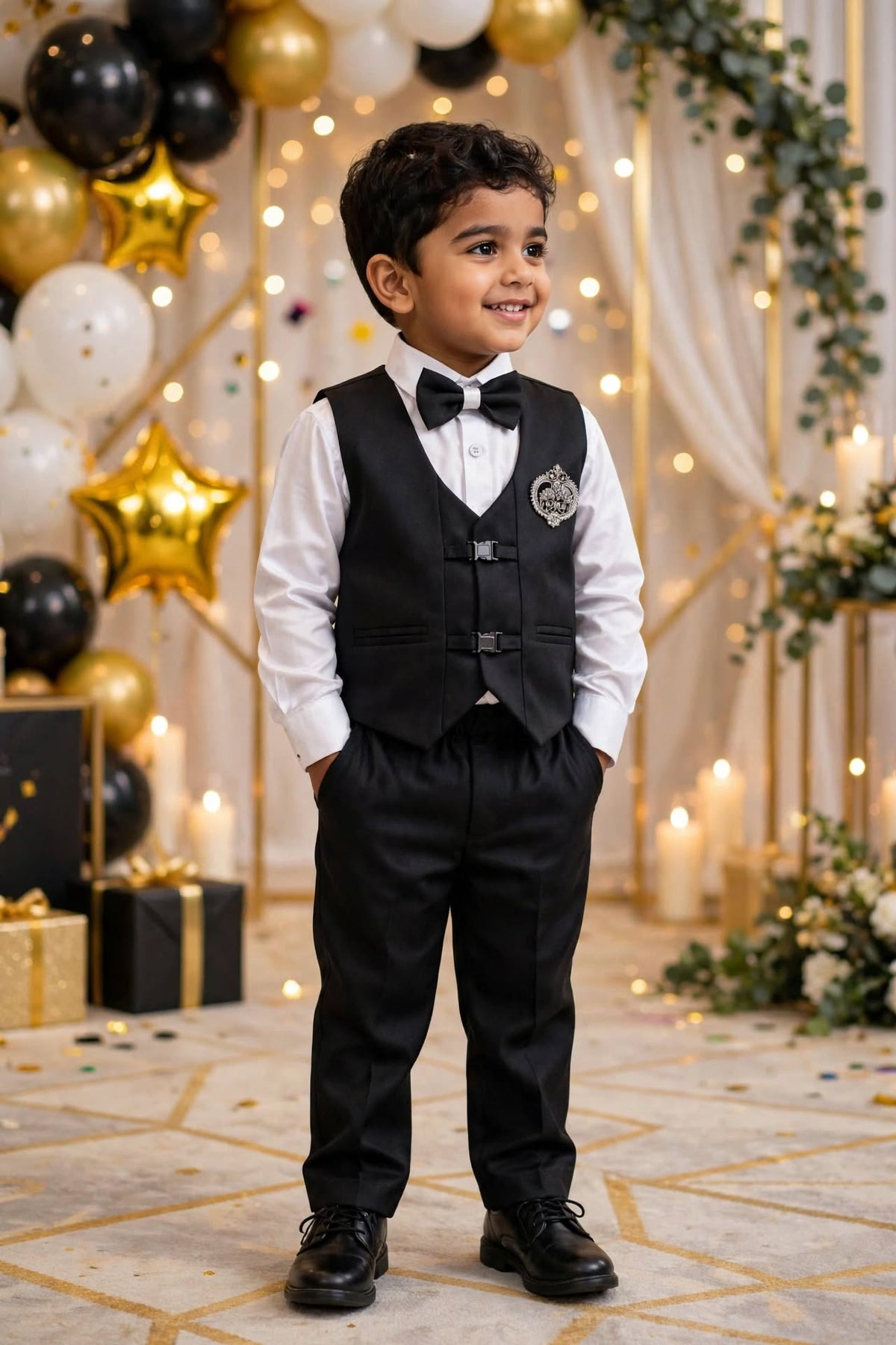 Boys Navy Blue and Light Grey Waistcoat, Shirt, Bowtie, and Pant Set