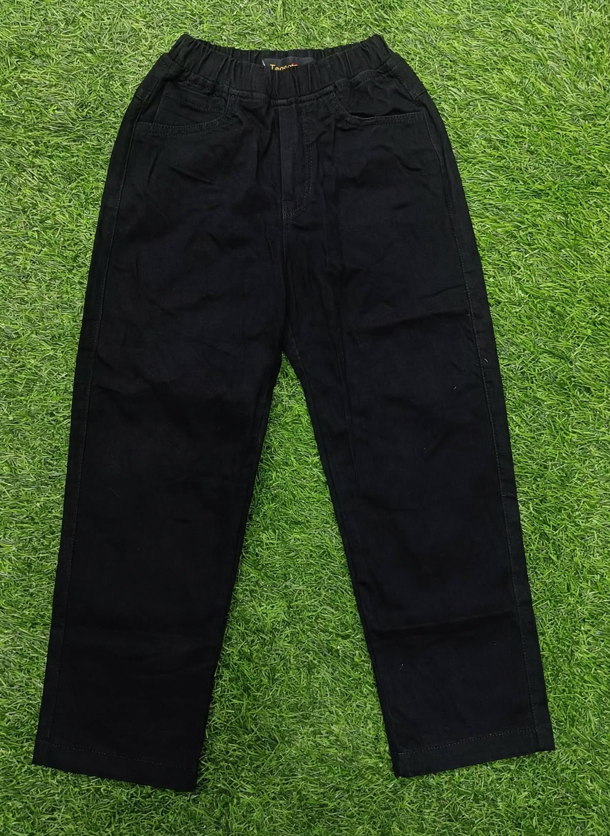 Kids Black Cotton Straight-Fit Elastic Waist Pant with Side Pockets