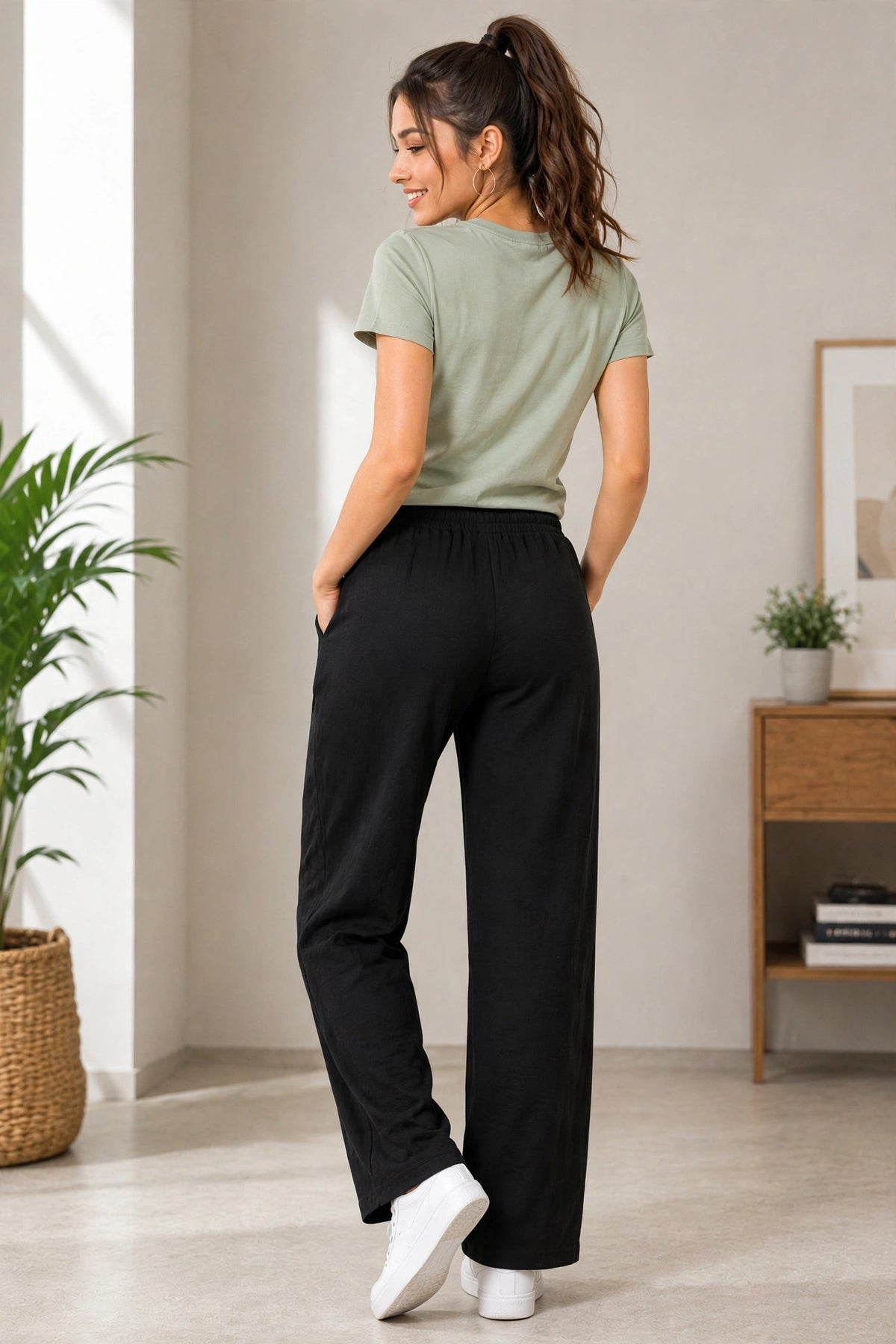 Women's Black color Casual Elastic Waist Ladies Pant