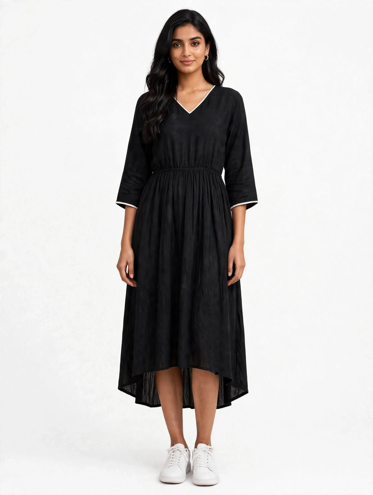 Ladies Black Cotton Linen  V-Neck 3/4 Bell Sleeve Elastic Waist High-Low Flared Long Frock