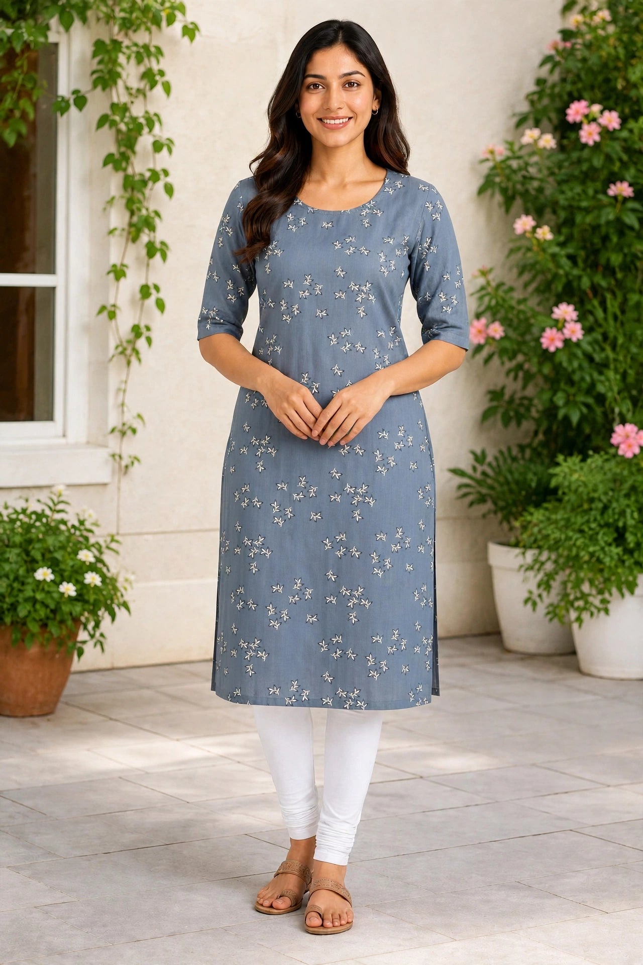 Women’s Blue Grey Leaf-Printed Rayon Straight-Cut Kurthi with Elbow Sleeves & Pocket