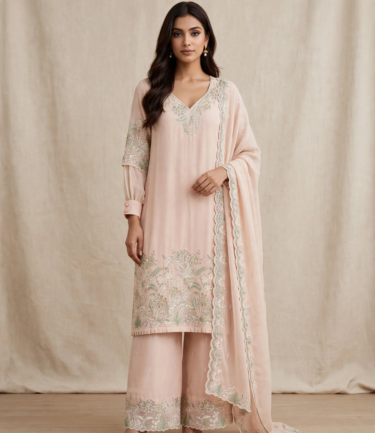 Women’s Blush Peach Georgette Embroidered 3-Piece Kurti set