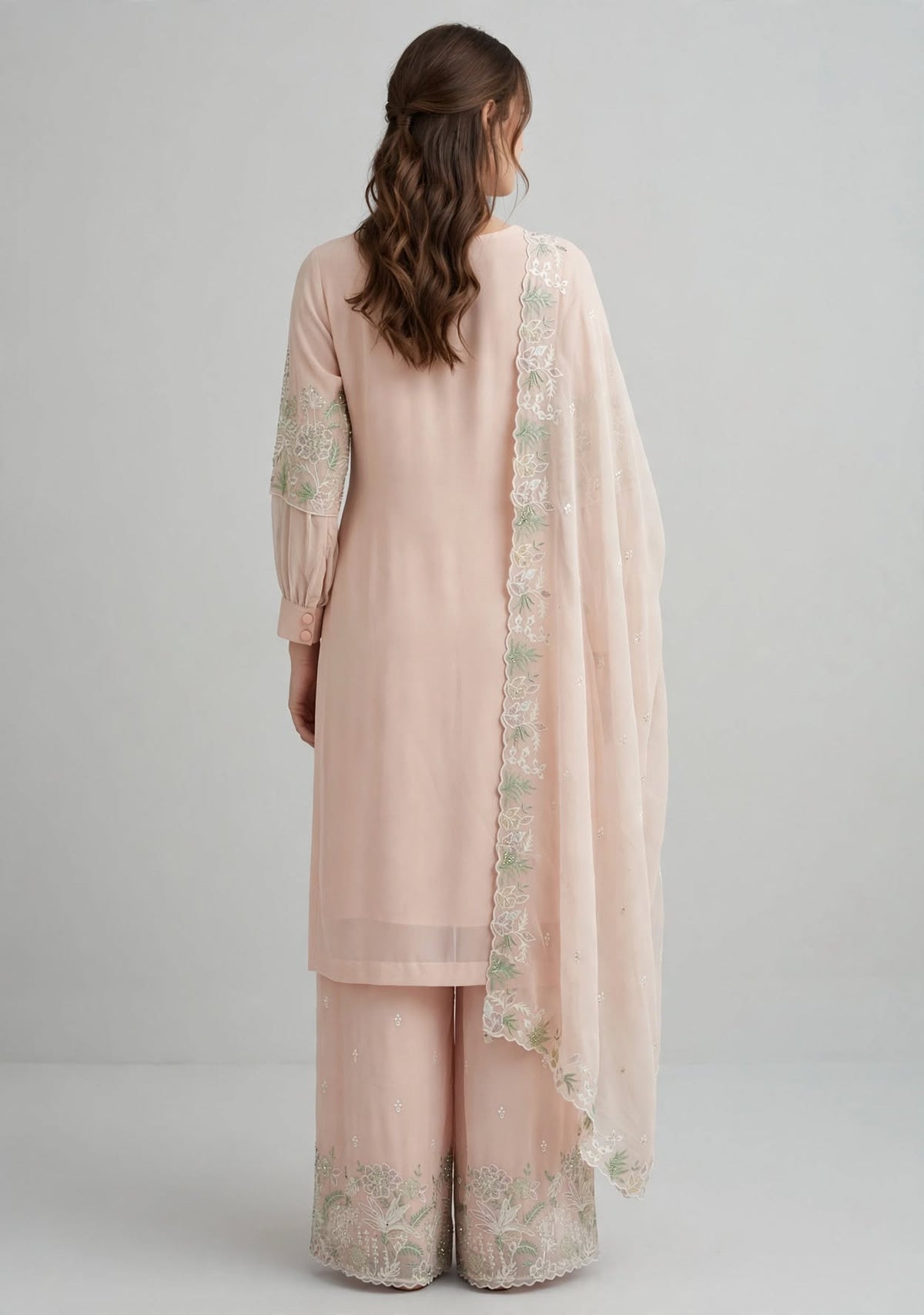 Women’s Blush Peach Georgette Embroidered 3-Piece Kurti set
