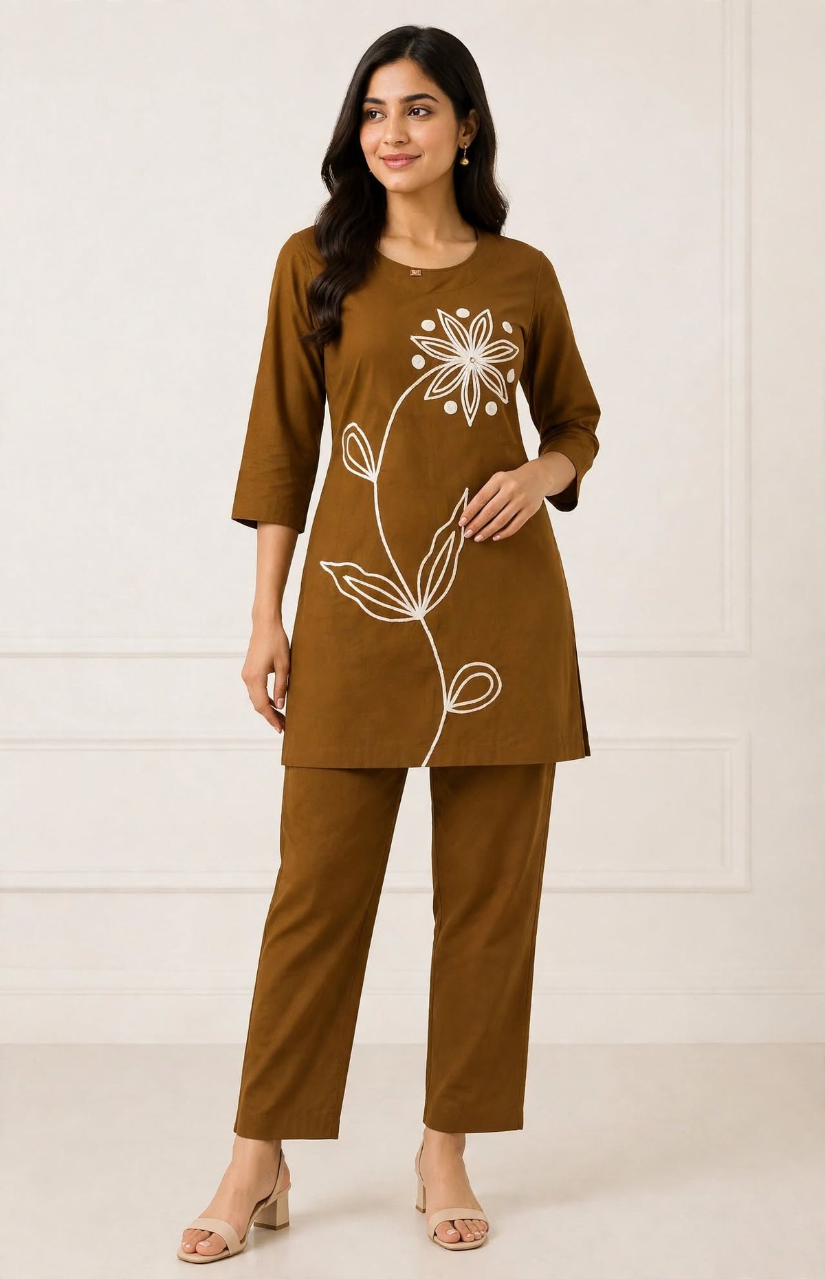 Women’s Mustard Brown Cotton Blend White Floral Embroidered top and Pant Set