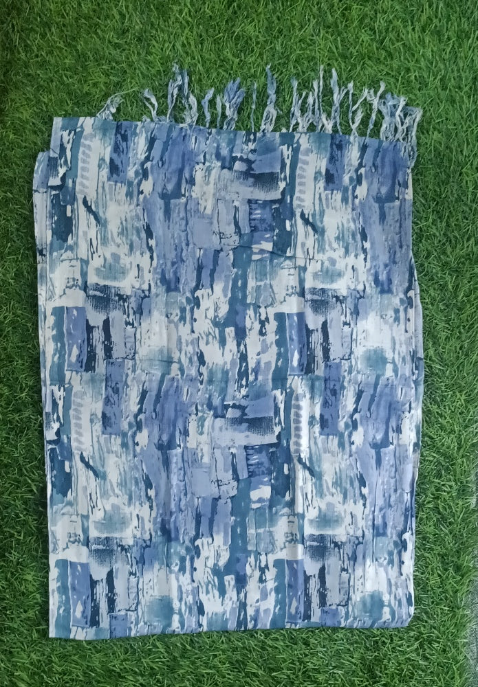 Classic Blue Floral Printed Stole with Fringe Accents