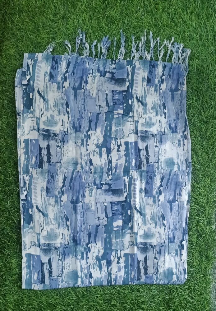 Classic Blue Floral Printed Stole with Fringe Accents