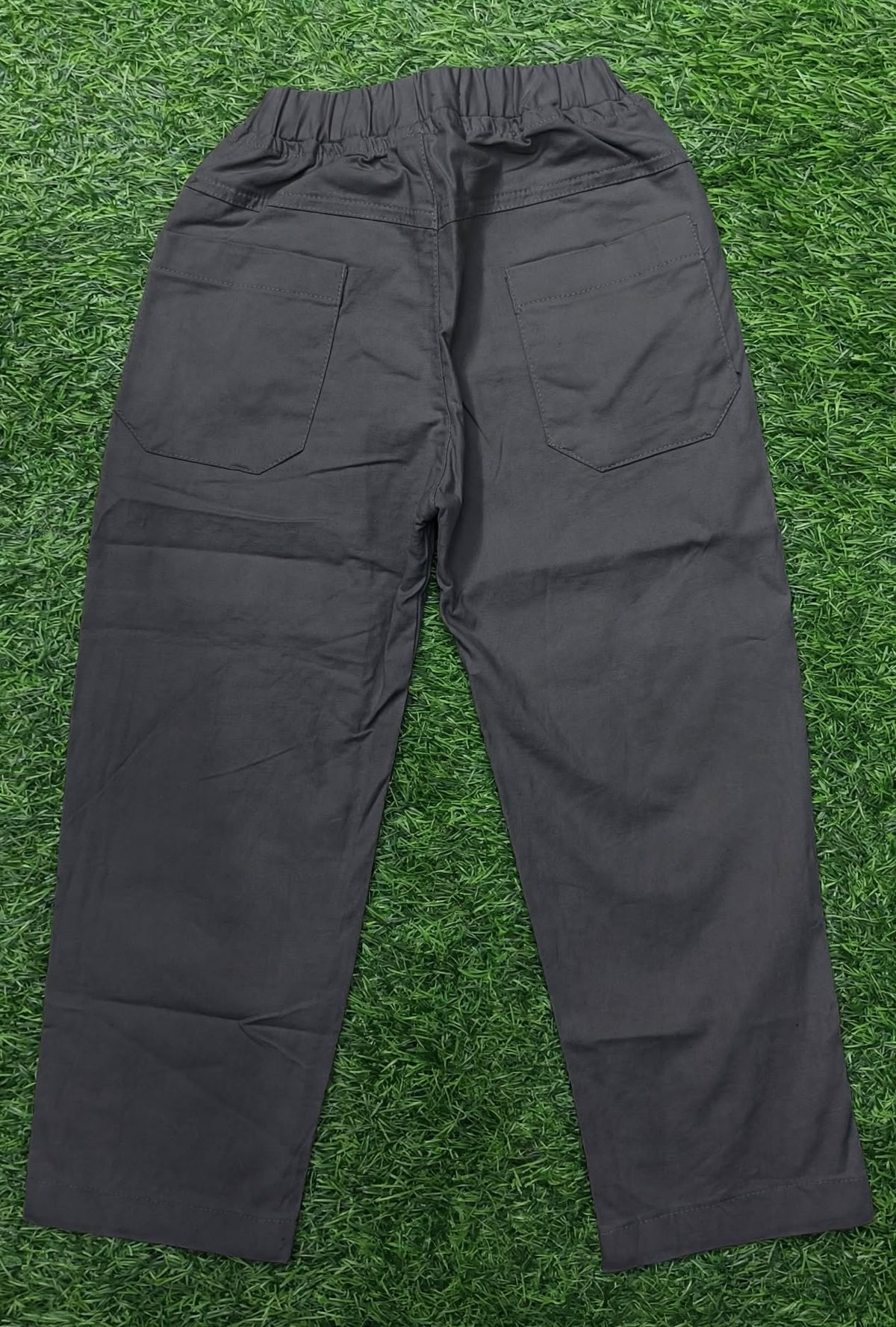 Kids Dark Grey Cotton Straight-Fit Elastic Waist Pant with Side Pockets & Back Patch Pocket