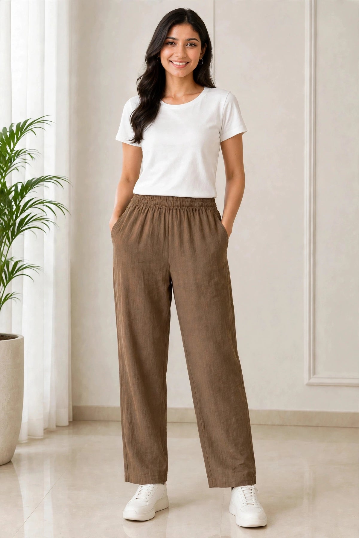Women's Brown color Casual Elastic Waist Ladies Pant